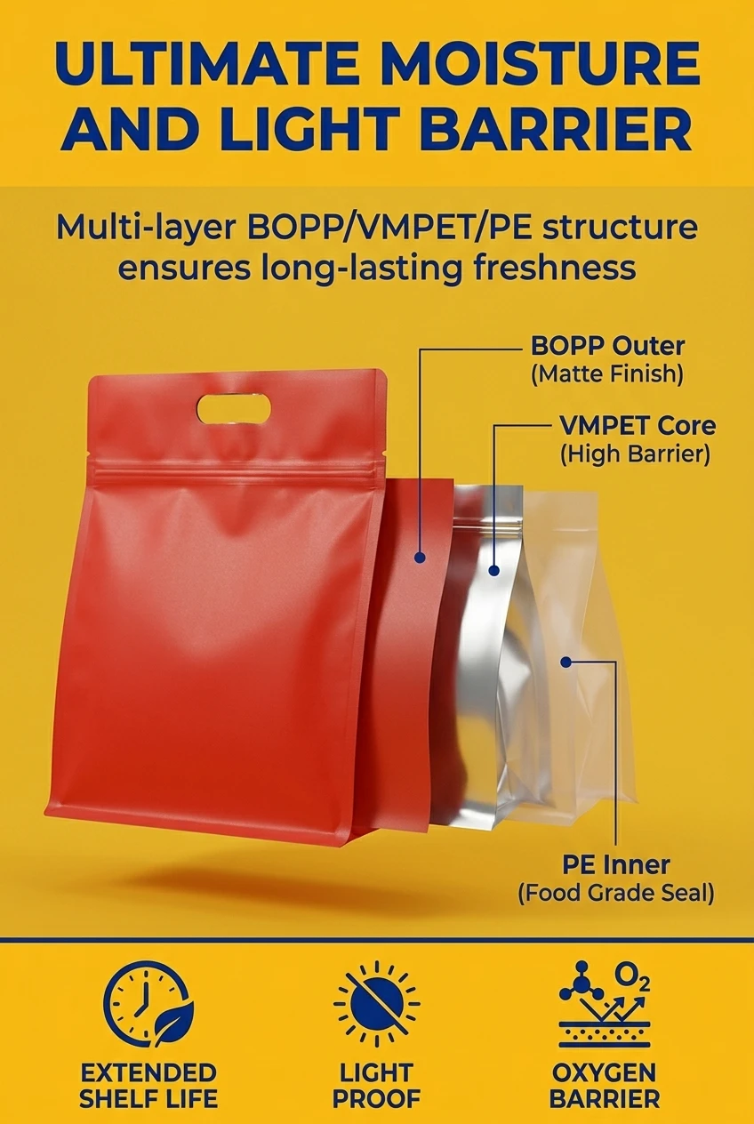 Professional industrial grade flat bottom matte red square bottom packaging bags with die-cut handle shown standing erect to