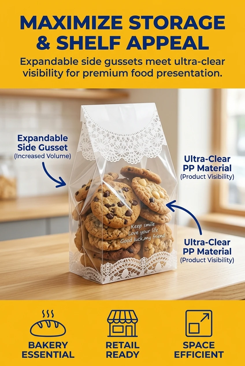 White Lace Pattern Side Gusset Heat Seal Bakery Bags Flat Bottom Translucent Plastic Bags for Cookies Biscuit Candy Packaging