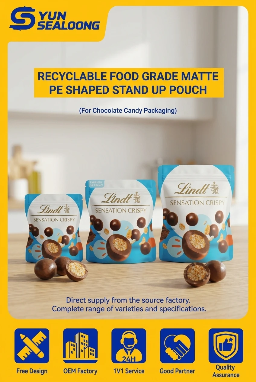 Recyclable Food Grade Matte PE Shaped Stand up Pouch with Zipper and U-shaped Tear Notch for Chocolate Candy Packaging