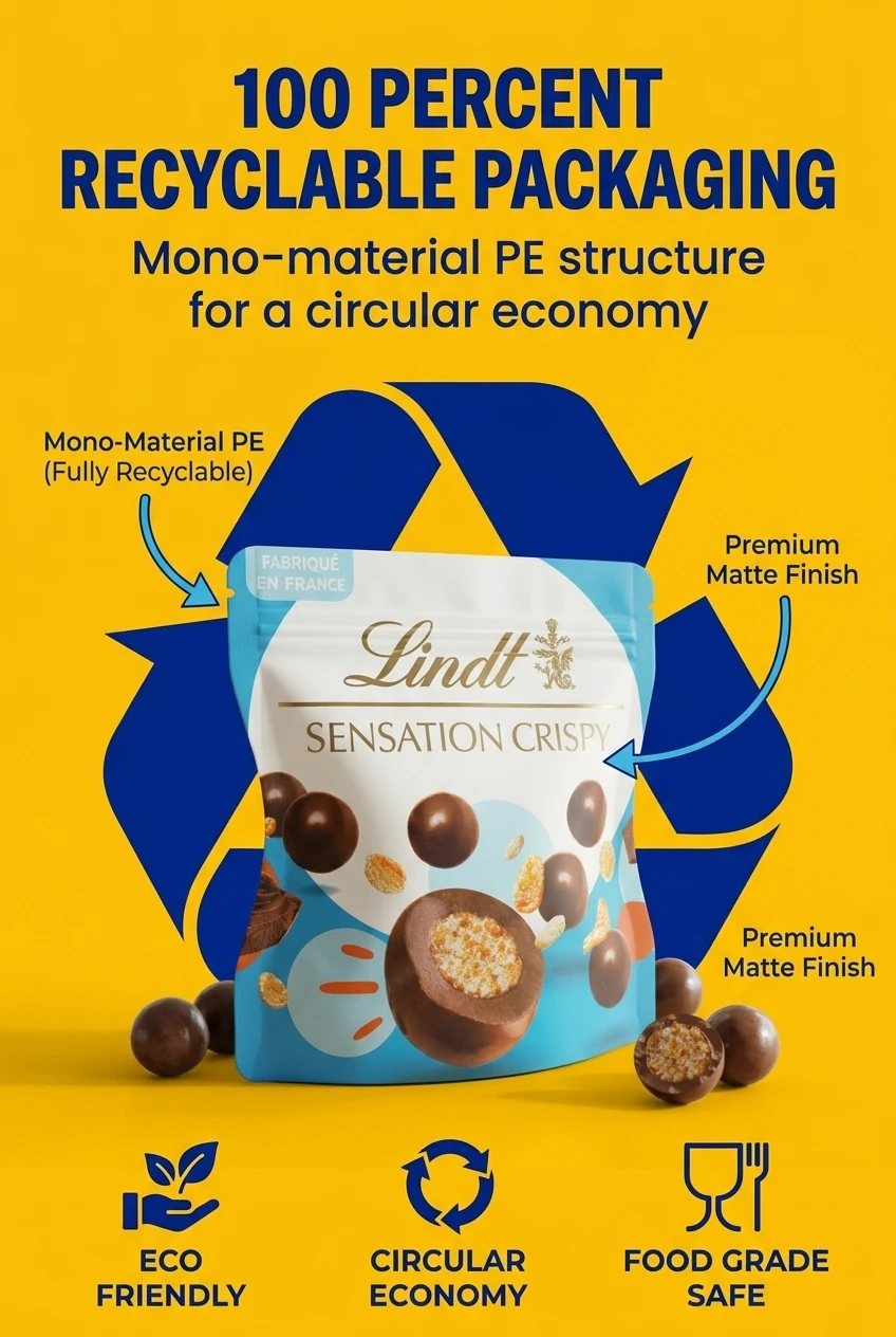 Sustainable stand up pouch with zipper made from 100 percent recyclable mono-material PE. Our food zipper stand up pouch help