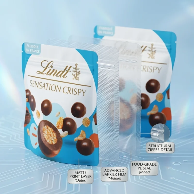 stand up pouch with zipper applied on luxury gift packaging demonstrating 3D laser reflection