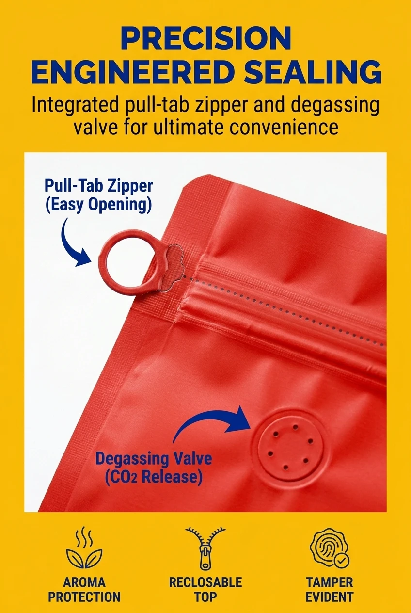 Advanced plastic zipper bag packaging with integrated pull-tab zipper for easy opening. Our zip lock bag for food includes a