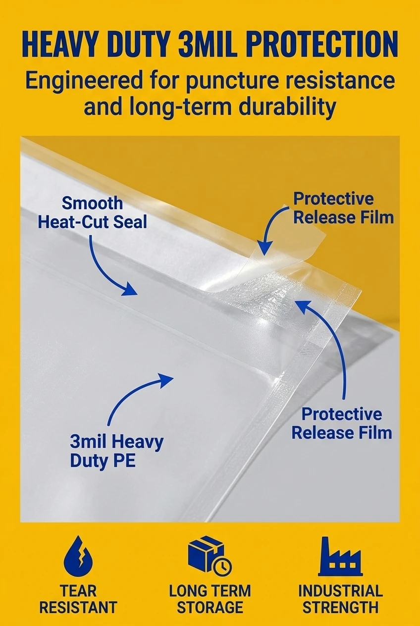The structural layout of each flat pouch focuses on a durable heavy duty pe build finished with a smooth heat cut seal along