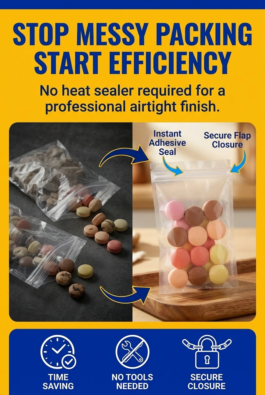 This functional presentation illustrates how the self adhesive closing strip speeds up manual retail packing routines since n