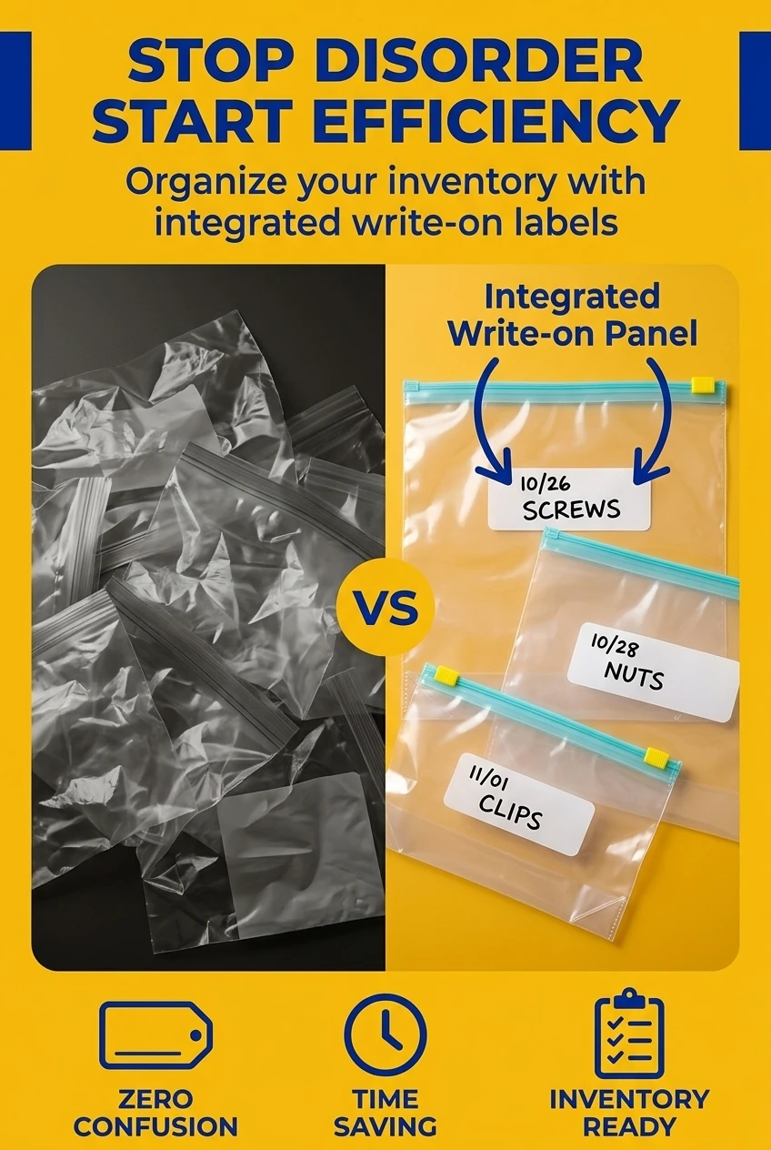 Organize your inventory with our ldpe food grade plastic bag featuring integrated write-on labels. This transparent pouch wit