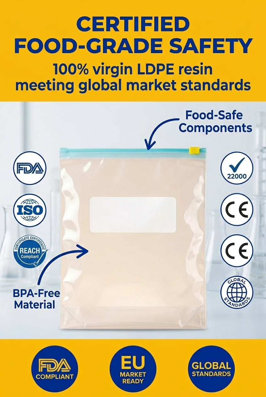 Safe and reliable ldpe food grade plastic bag for international markets. Our transparent pouch with zipper is made from 100%