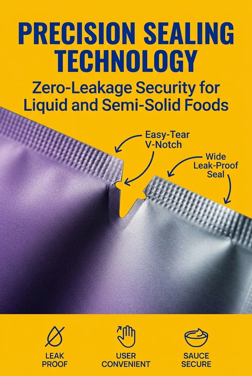 The upper terminal configuration of each three side seal flat pouch incorporates dual factory precut easy tear v notches posi