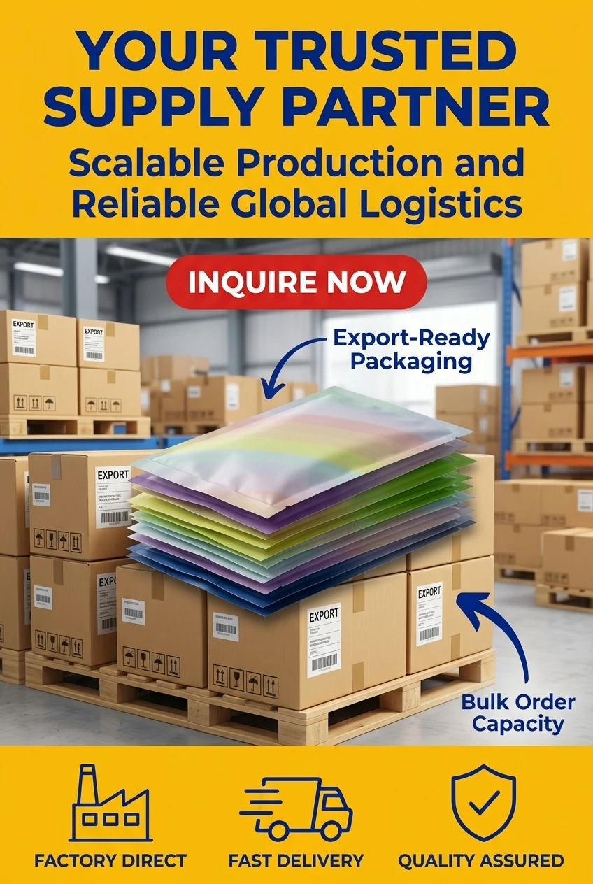 The uniform flat profile of each three side seal flat pouch ensures efficient handling metrics when preparing large industria