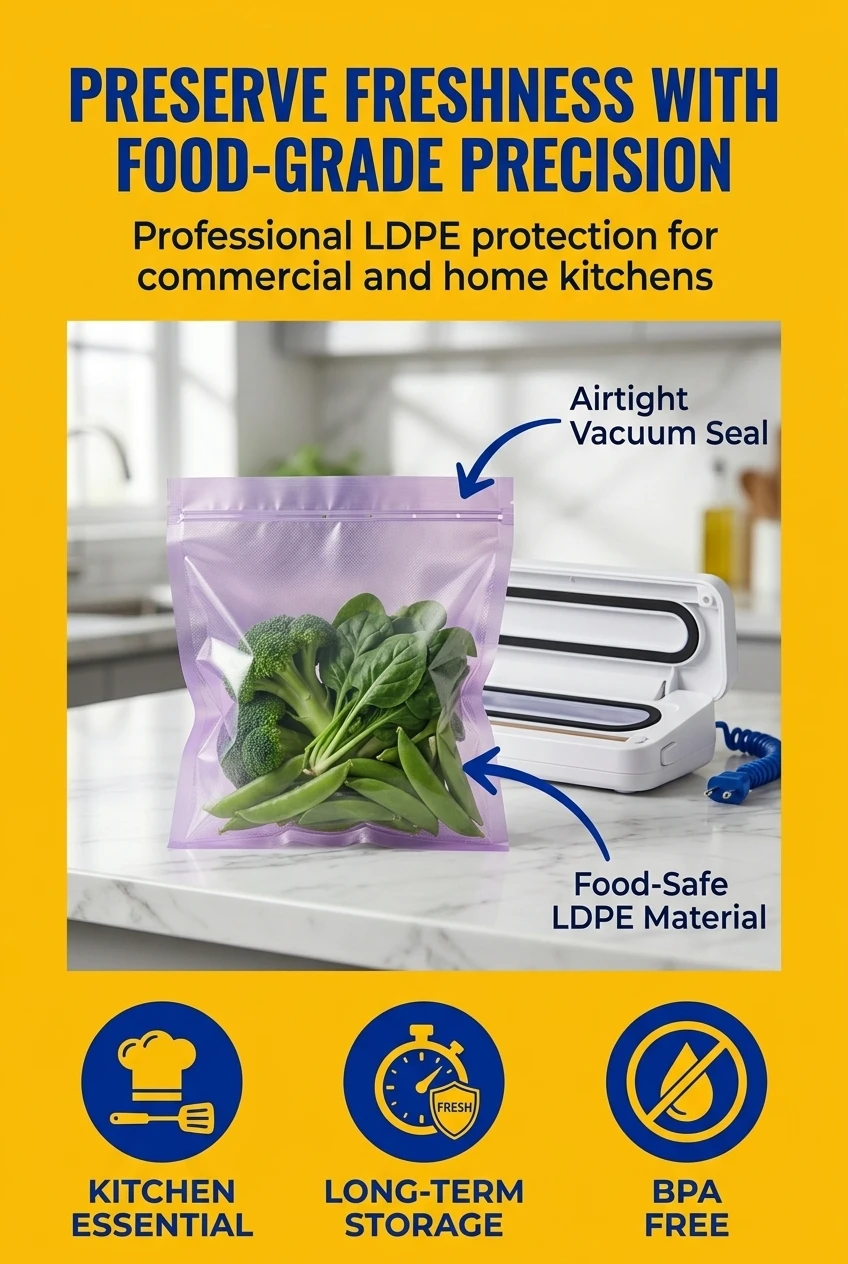 LDPE vacuum packaging bag detail view showing vertical rainbow stripe pattern and transparency
