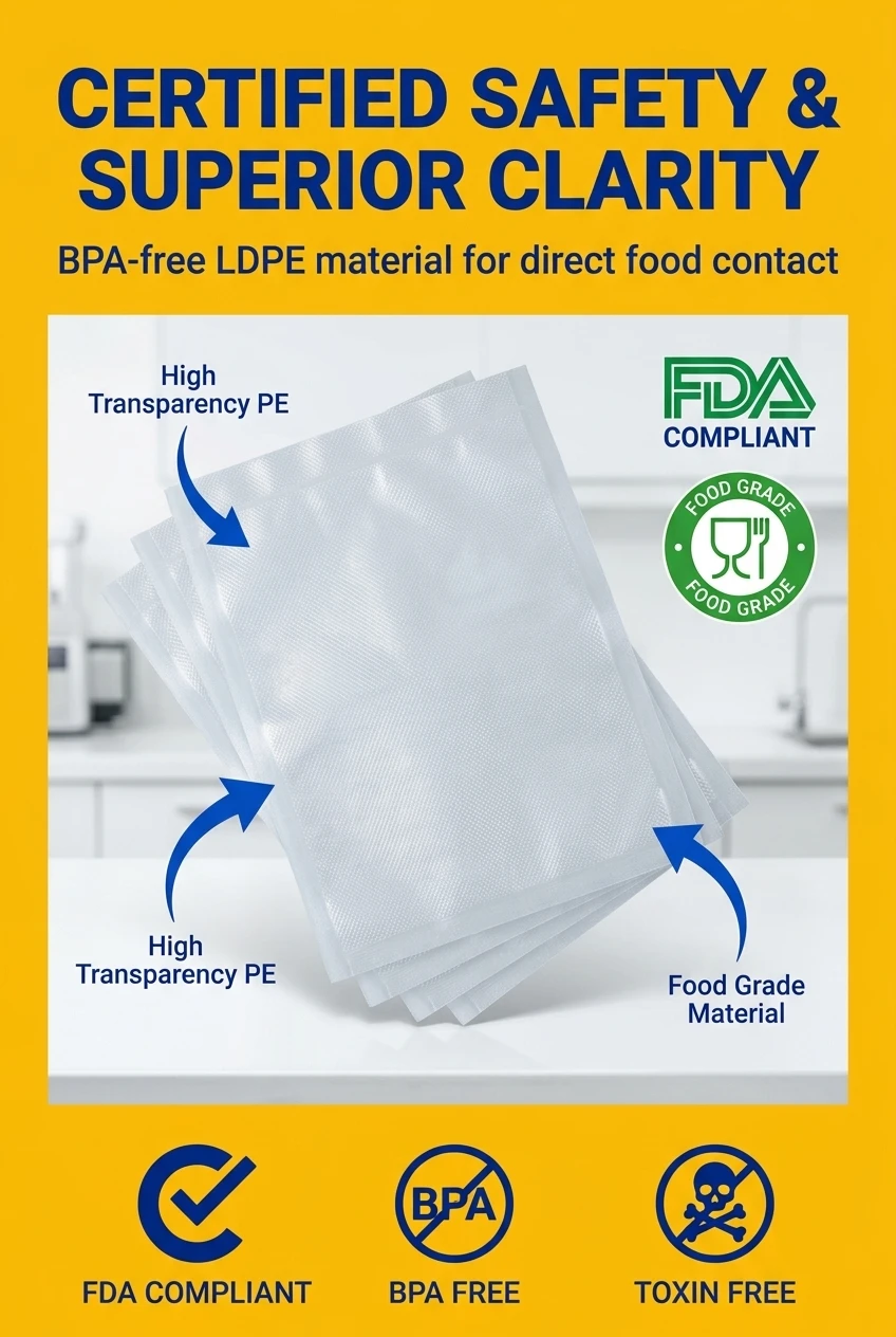 High-transparency clear food packaging bag made from premium pe plastic bag material. This ldpe food grade plastic bag is BPA