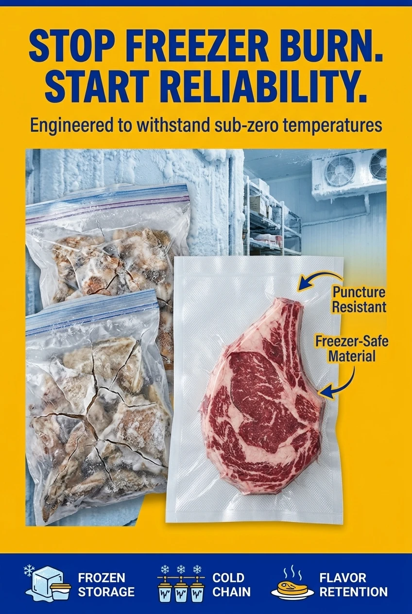 Frozen food packaging pouch designed for extreme temperature stability. This vacuum packaging bag prevents freezer burn and m