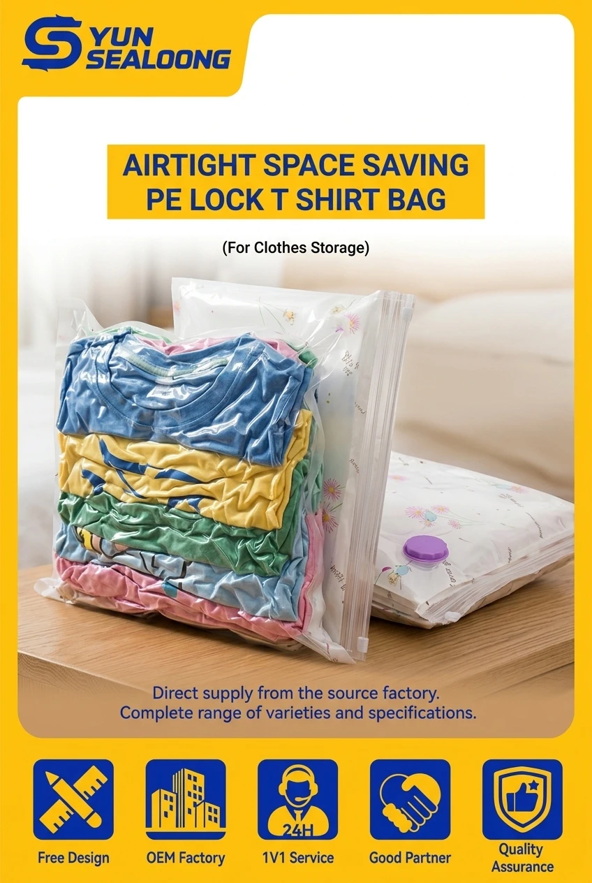 Airtight Space Saving PE Vacuum Packaging Zip Lock T Shirt Bag with Double Seal and Valve for Clothes Storage
