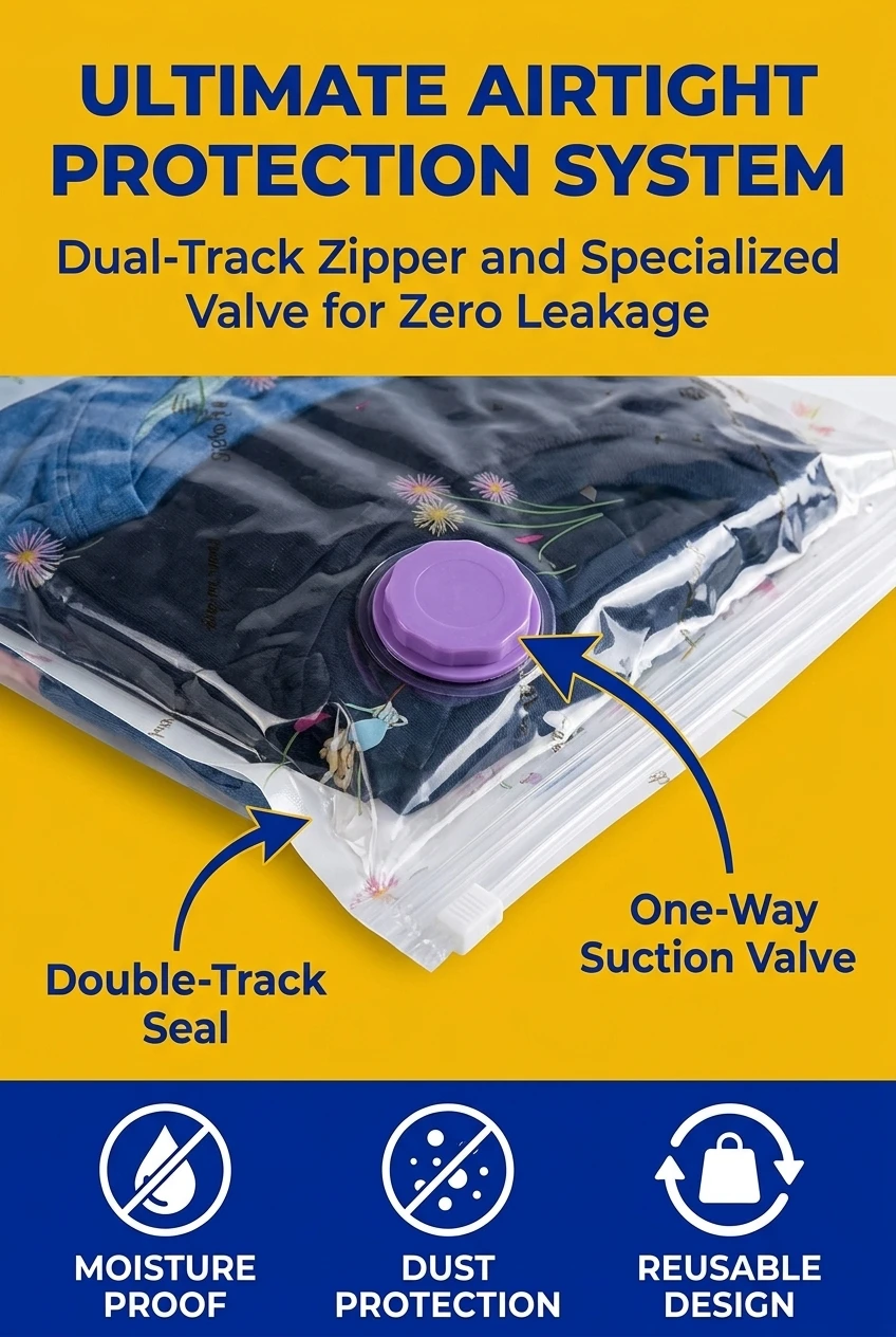 High-quality zip lock t shirt bag featuring a dual-track seal. This vacuum packaging bag ensures long-term airtight performan