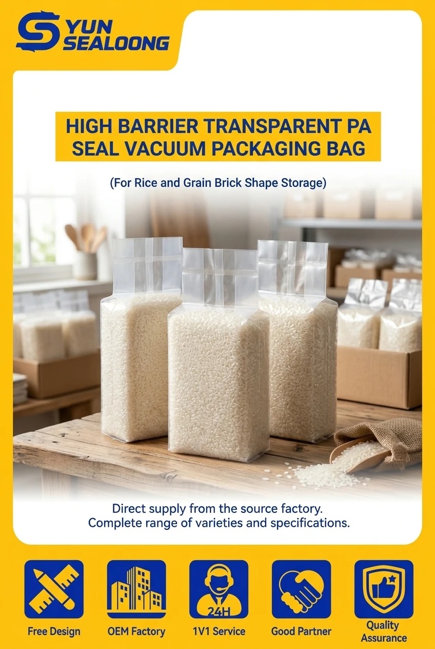 Fully Transparent 5kg Vacuum Packaging Rice Brick Bag Side Gusset Heat Seal Clear Plastic Rice Vacuum Bag For Grain Beans