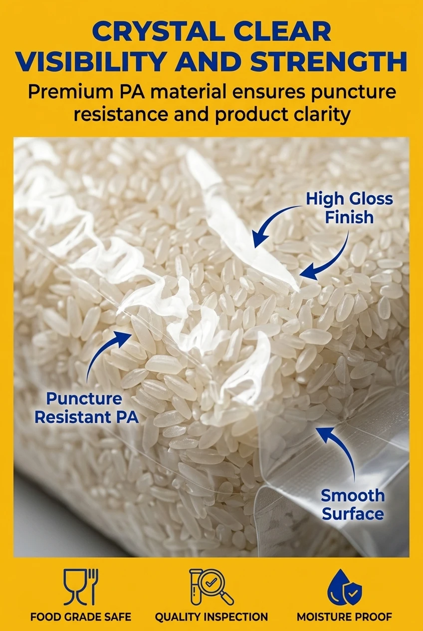 The close up section showcases the crystal clear film surface which allows immediate food grade visual inspection. This high