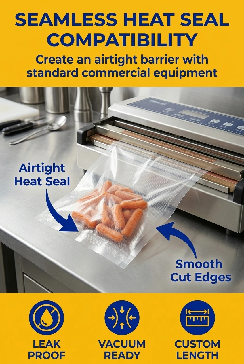 High-performance plastic vacuum bags compatible with commercial heat sealers. This vacuum packaging bag roll format allows fo