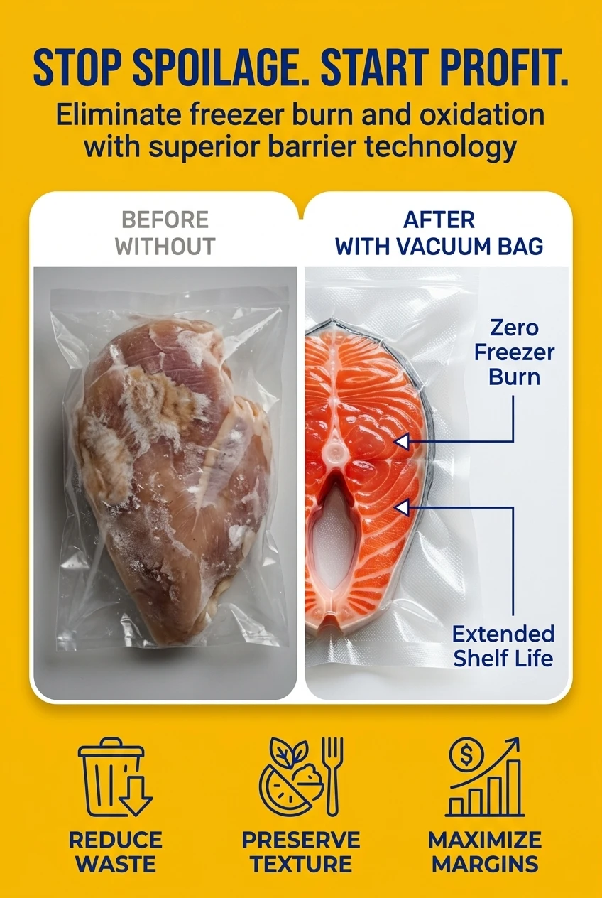 Professional vacuum packaging bag solution to prevent freezer burn and leakage. Switch to our seafood packaging bags to elimi