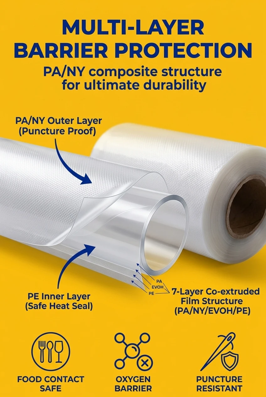 Durable PA/NY composite food pouchs providing ultimate puncture resistance and moisture barrier. Our heat seal vacuum rolls u