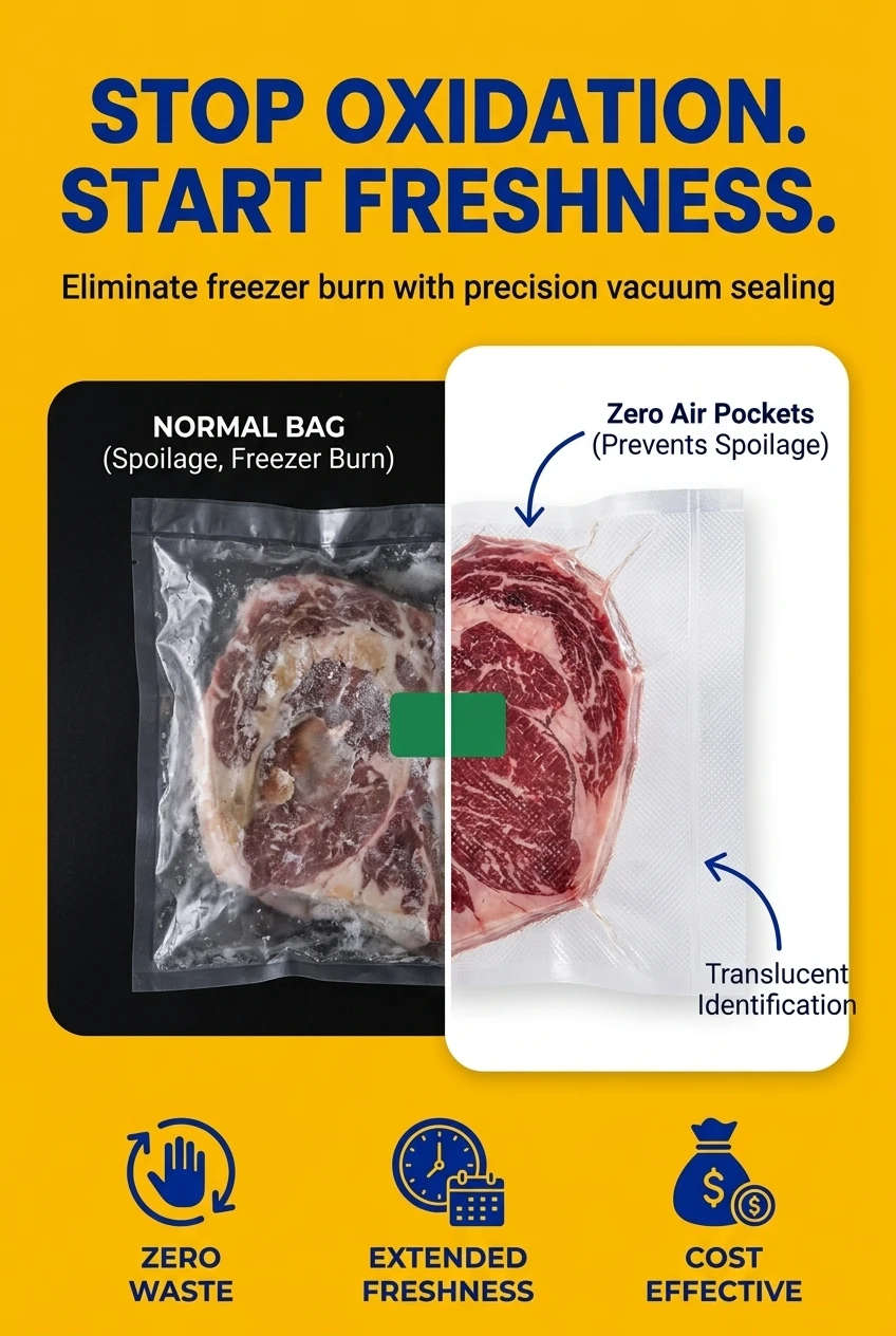 Eliminate food waste with our premium food pouchs. These embossed vacuum sealer rolls prevent freezer burn and oxidation, kee