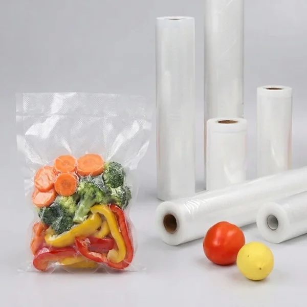 Textured Vacuum Sealer Rolls showing prismatic rainbow effect on transparent soft BOPP base