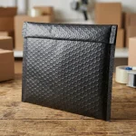 Black Poly Bubble Mailers showing prismatic rainbow effect on transparent soft BOPP base