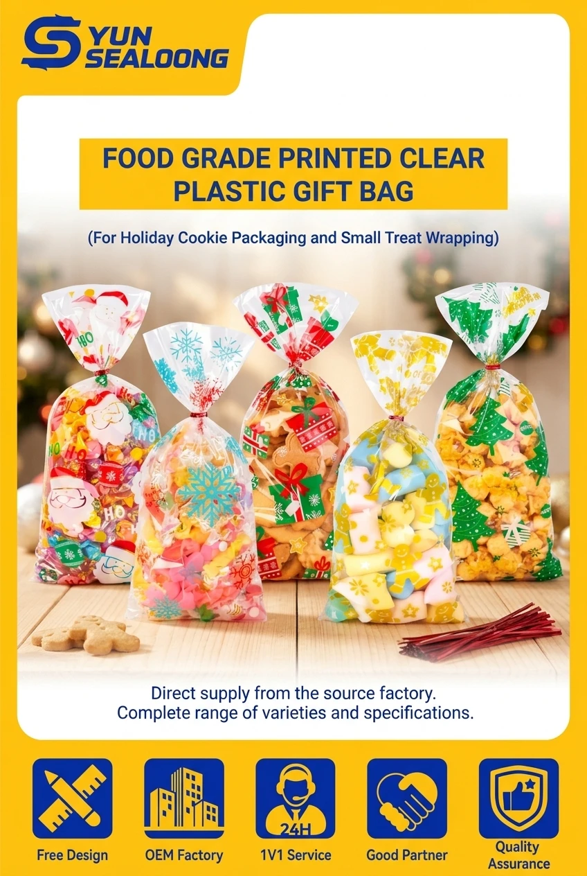 Food Grade Printed Clear Plastic Gift Bag with Twist Ties for Holiday Cookie Packaging and Small Treat Wrapping