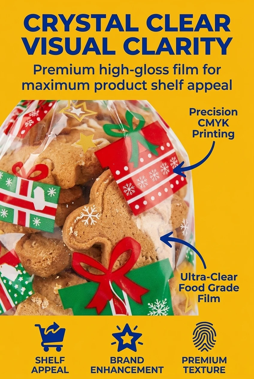 Professional clear plastic gift bag with superior transparency. Our plastic food packaging bags are made from premium film th