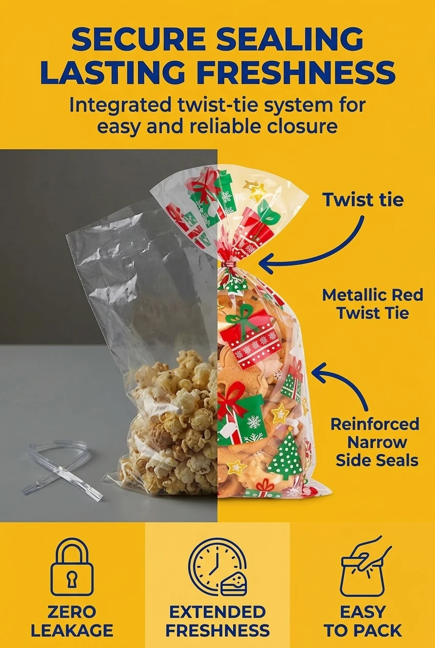 Secure clear plastic gift bag with integrated twist-tie closure system. Unlike loose packaging, our plastic gift bags include