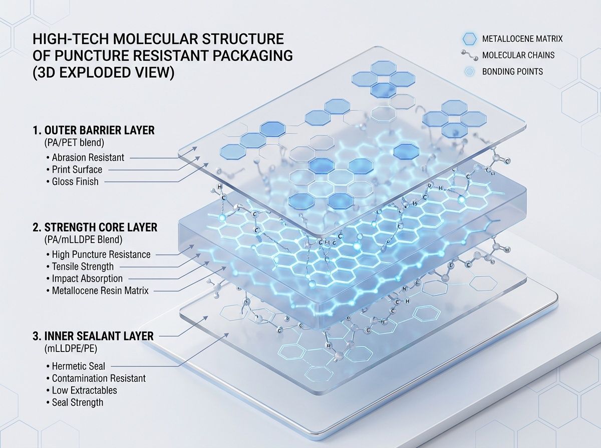 3D render of puncture resistant 3-layer plastic film structure