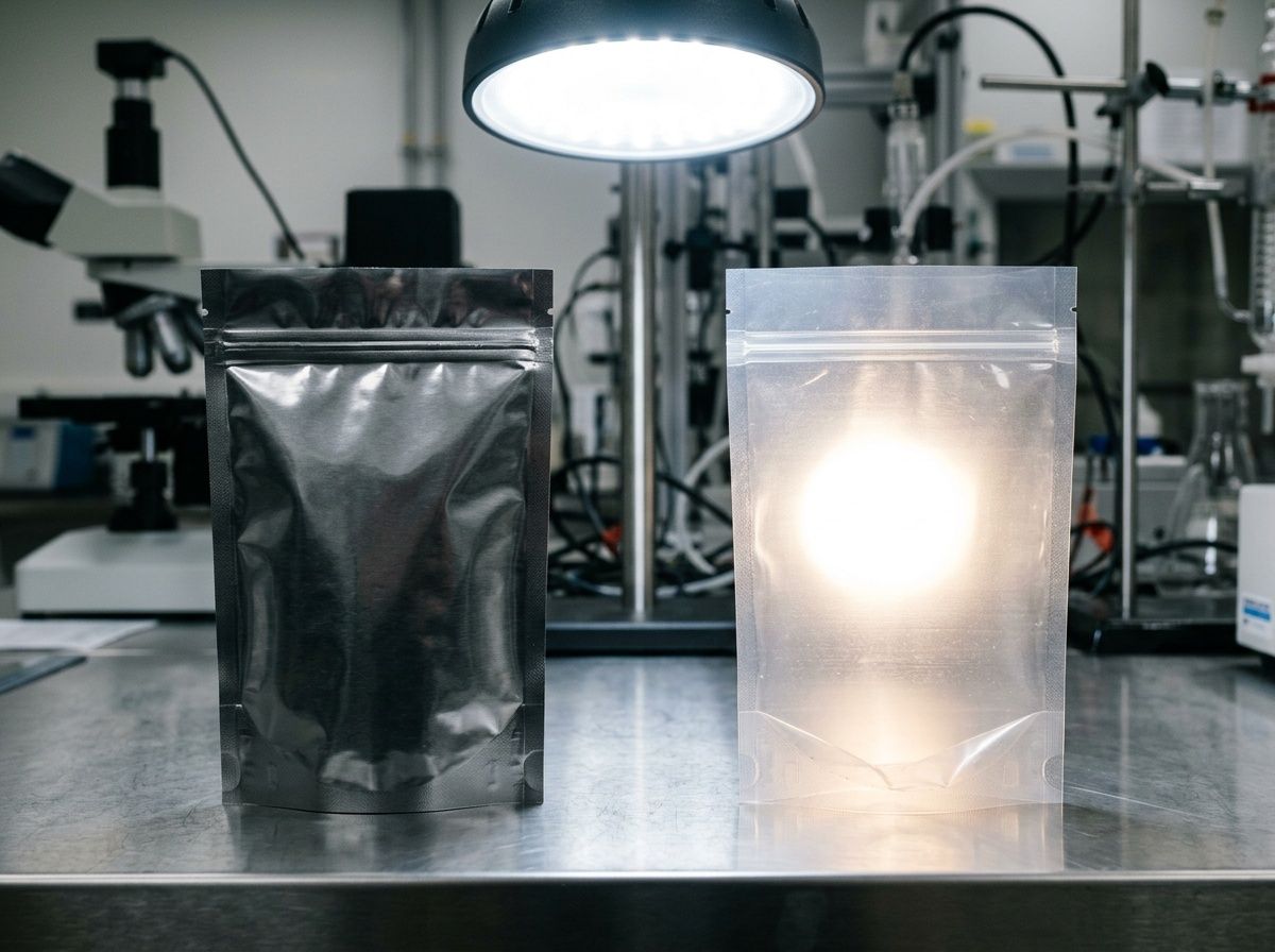 Comparison between light-blocking aluminum foil laminate and standard translucent packaging film.