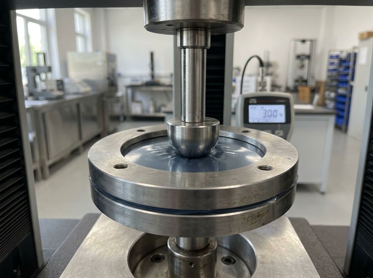 Industrial ASTM F1306 puncture test demonstrating the 300N strength threshold of a vacuum film.