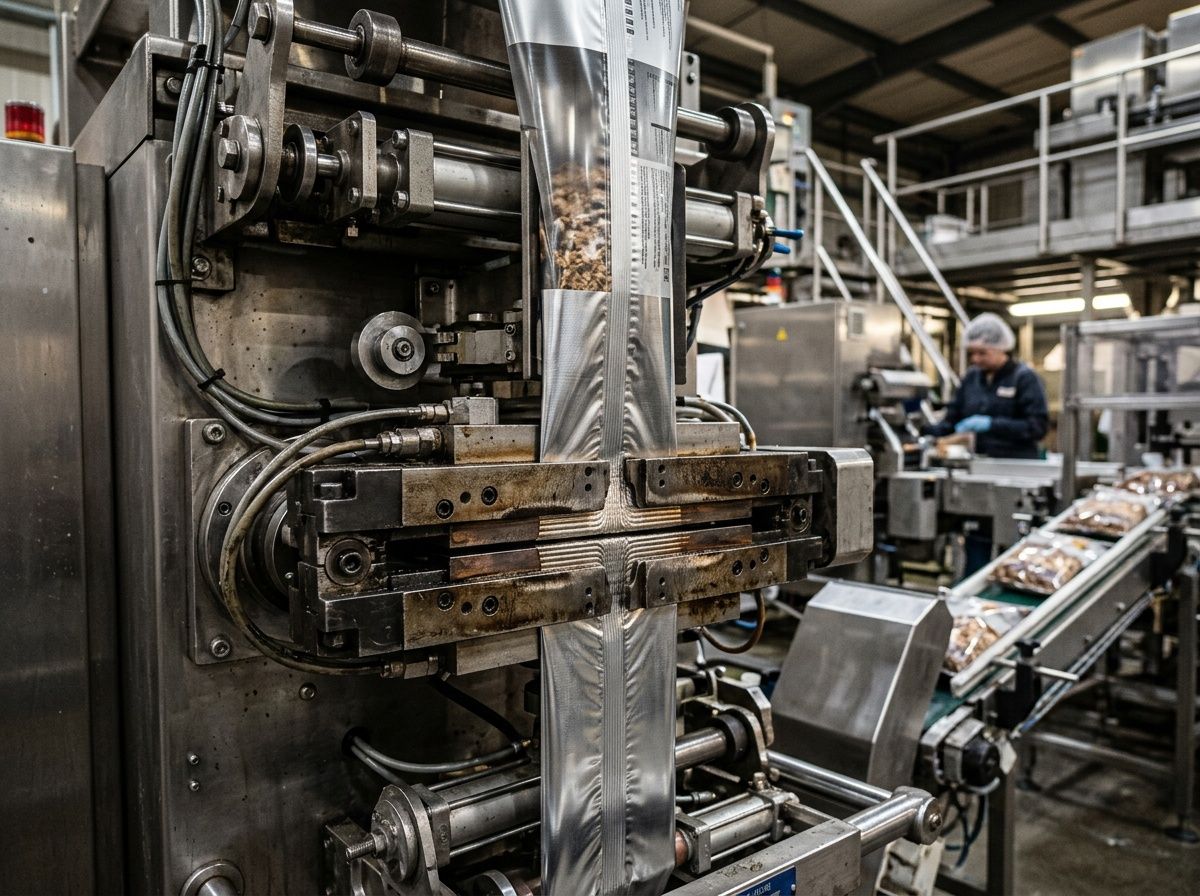Industrial automated packaging machine creating secure hermetic seals on high-barrier laminated film.