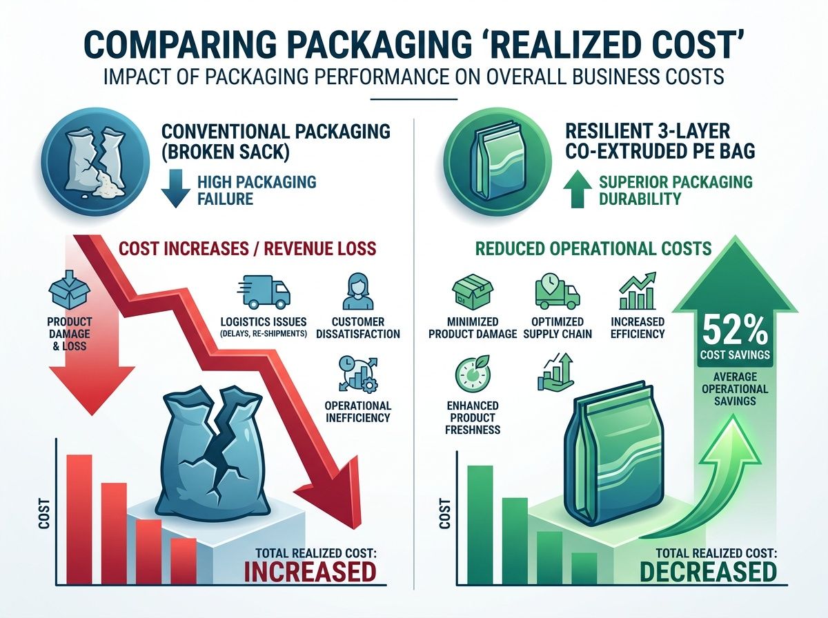 Infographic comparing TCO of 3-layer co-extruded PE bags vs standard sacks