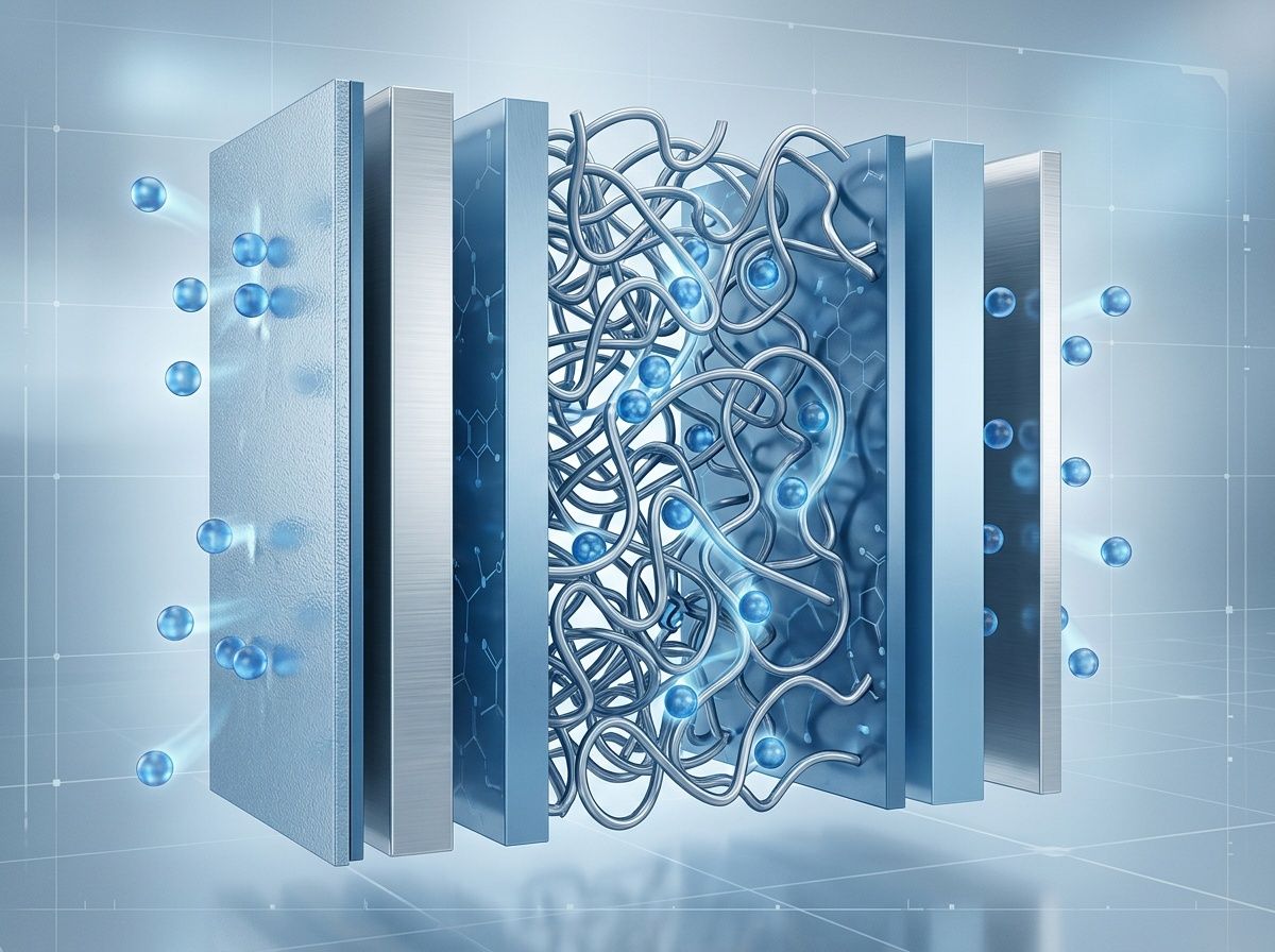 Technical 3D schematic showing the three-stage gas permeation mechanism through a polymer matrix.