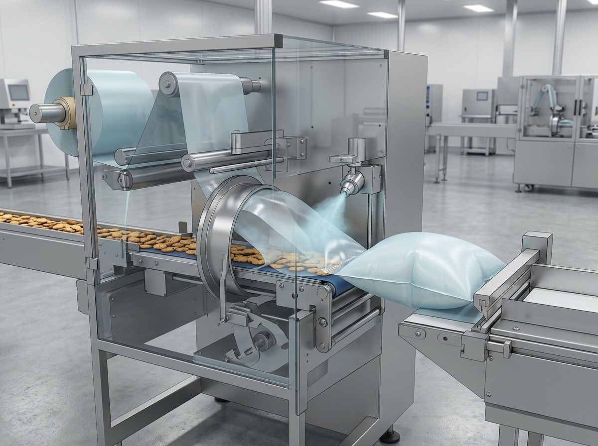 Technical visualization of the gas-flushing process creating an anti-compression cushion in a pillow bag.