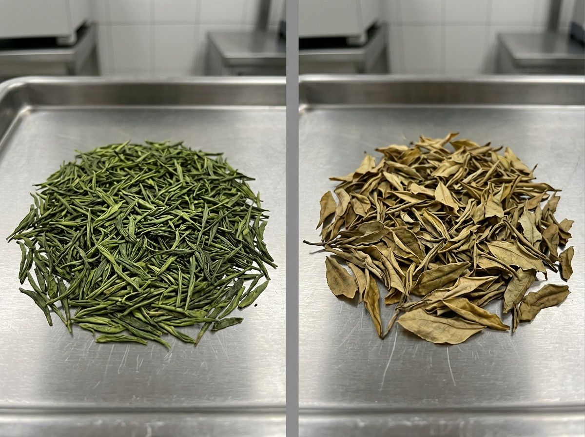 Visual comparison of green tea chlorophyll degradation versus freshness preserved by barrier packaging.