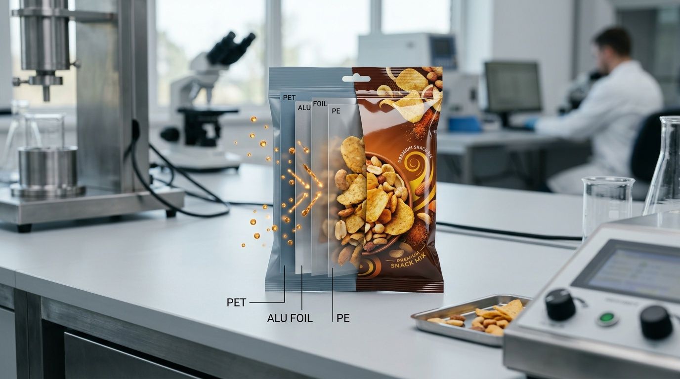 Snack Packaging Materials: Engineering the Balance of Barrier Performance and Shelf Appeal – Cover Image snack packaging materials: flexible packaging films, barrier properties, multi-layer laminate structure, PET/Aluminum Foil/PE, BOPP/CPP film, shelf life extension, oil resistant packaging, sustainable snack pouches, custom printed snack bags, food safe packaging materials