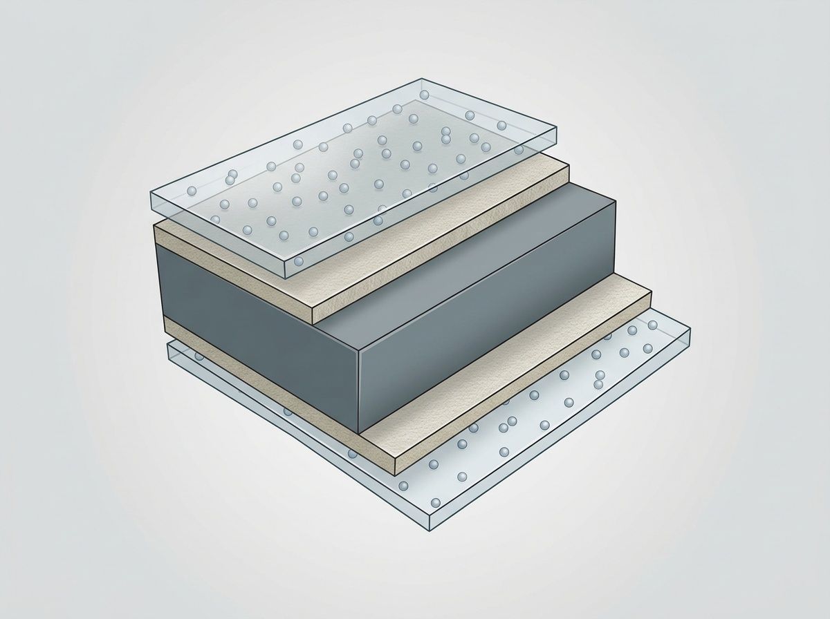 3D cross-section of a multi-layer packaging film showing slip additive distribution and core barriers.