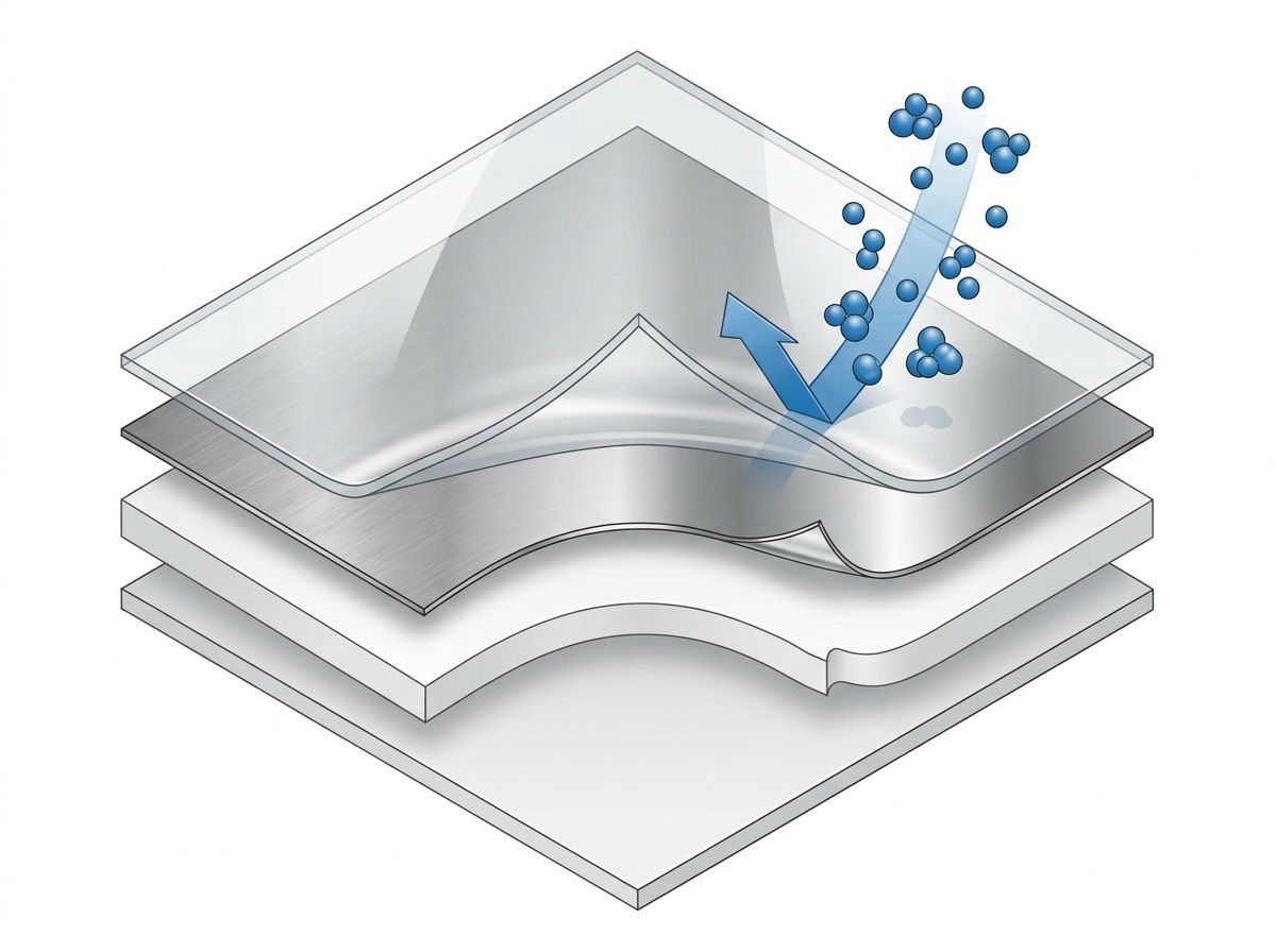 3D material structure diagram of multi-layer snack packaging blocking moisture and oxygen transmission.