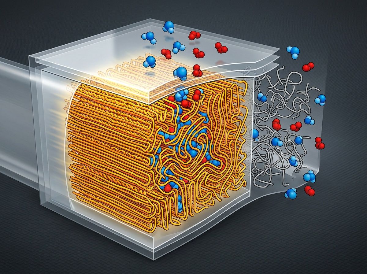 3D schematic of polymer orientation in snack film creating a tortuous path for gas molecules.