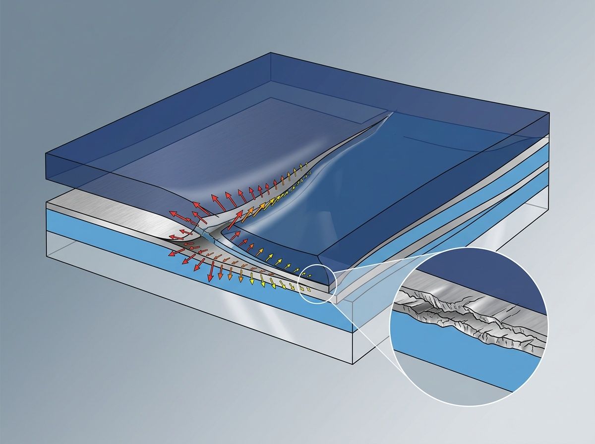 3D technical schematic of a microscopic peel front starting delamination between film layers.