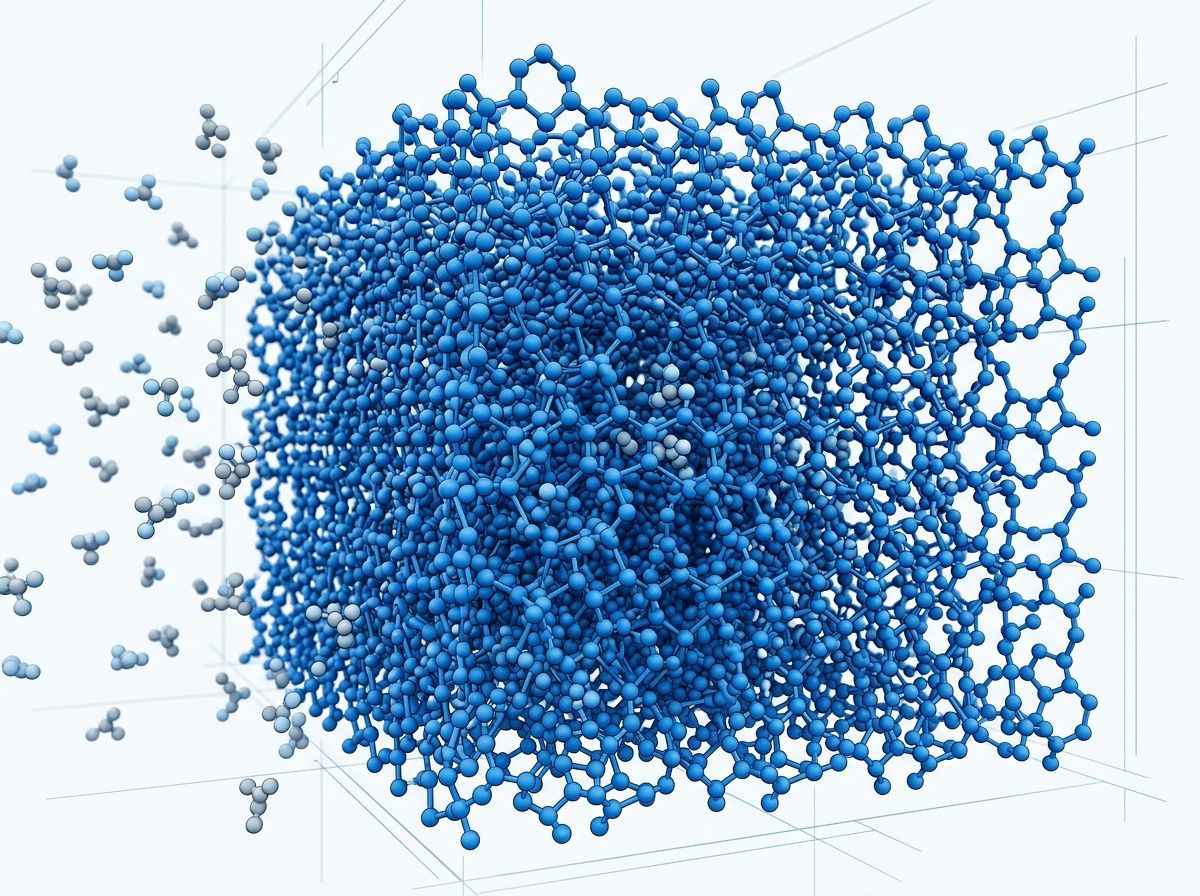 3D technical visualization of polymer molecular stability preventing chemical migration in food grade materials.