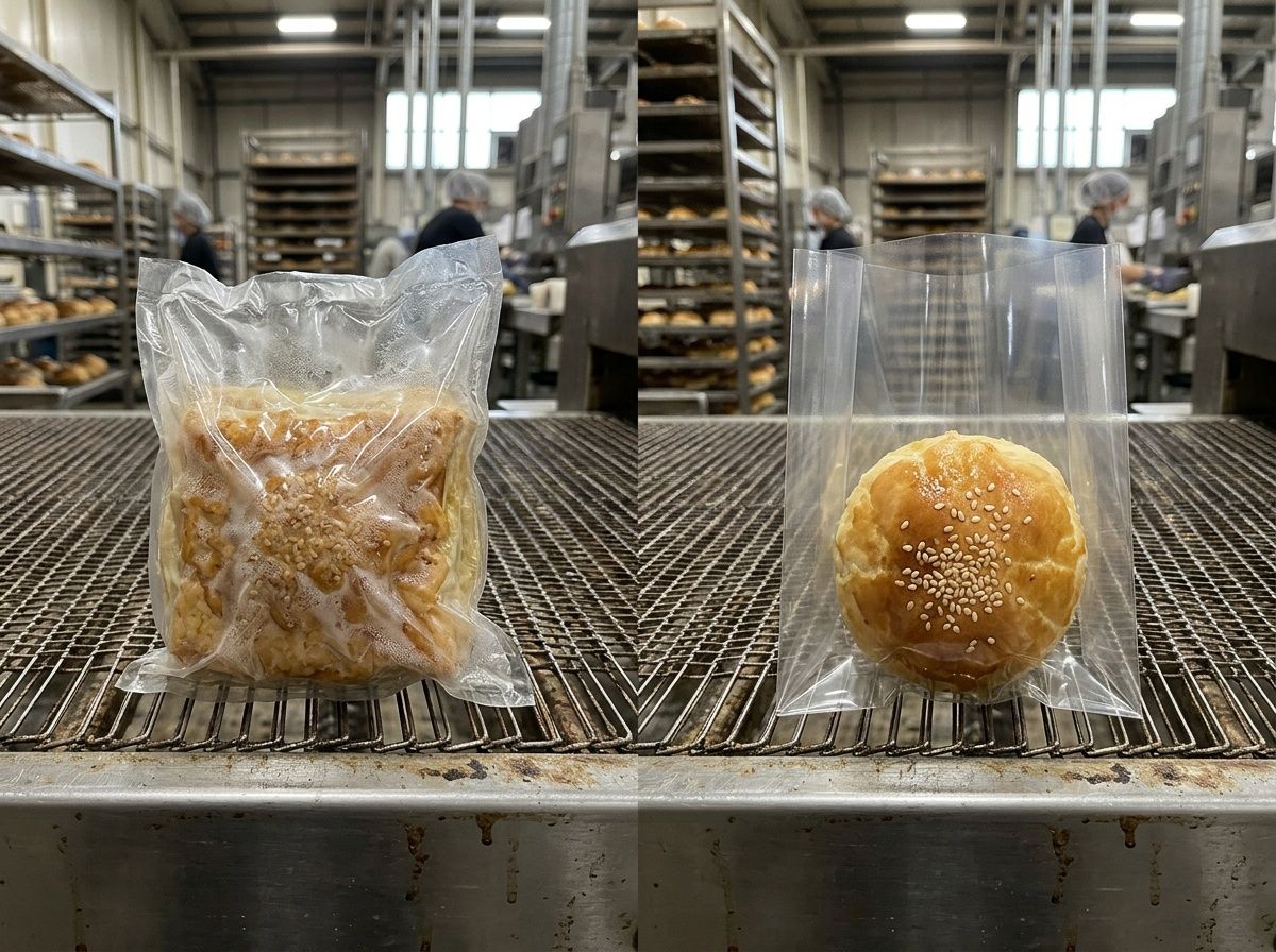 Comparison between standard soft film and rigid PP packaging maintaining shape for warm bakery items.