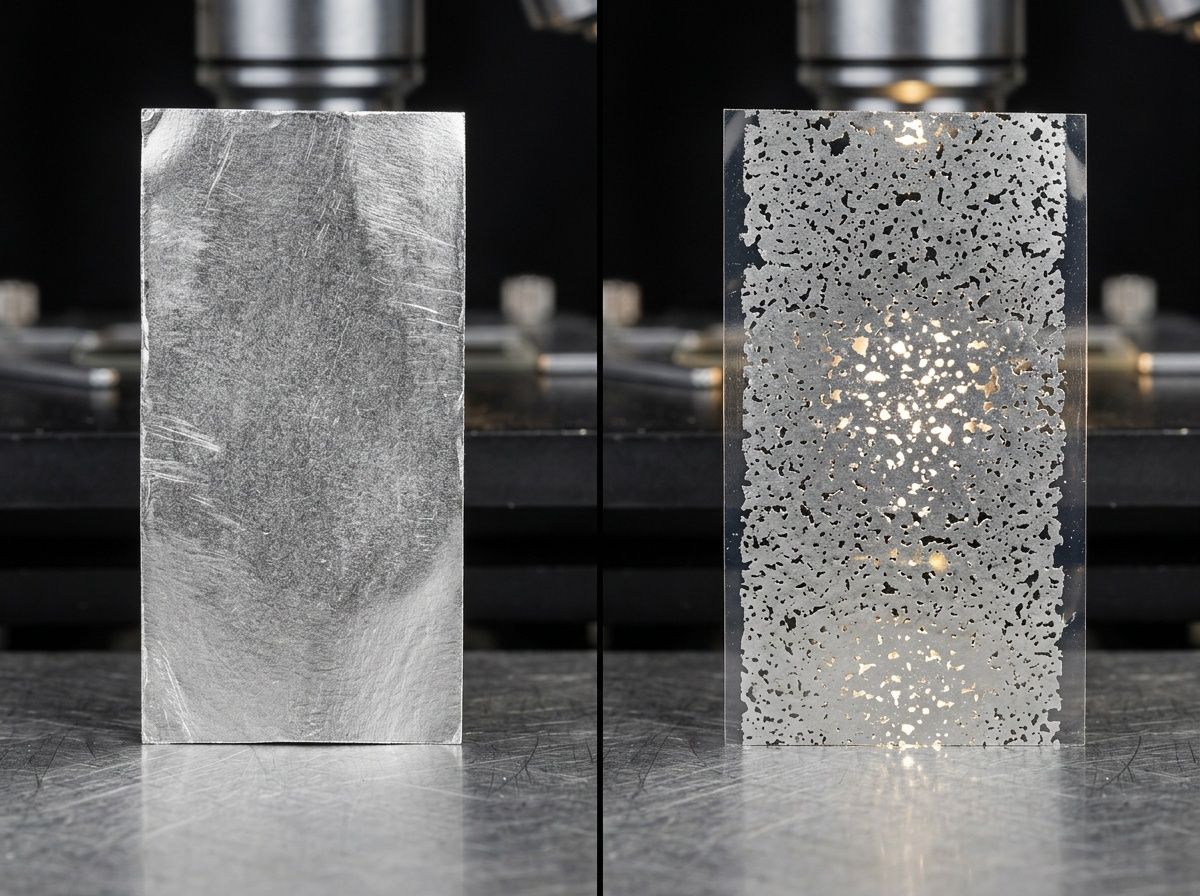 Comparison of continuous solid aluminum foil barrier vs porous metalized film structure.