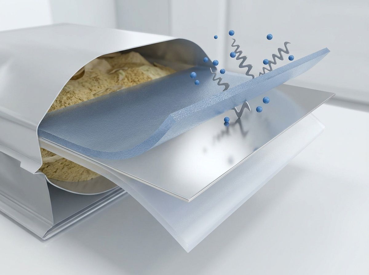 Cross-section of a multi-layer high-barrier film showing PET, aluminum, and PE layers.