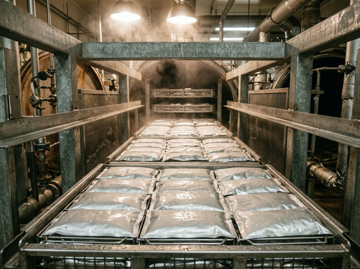 Heat-resistant PP pouches undergoing steam sterilization in an industrial retort environment without losing seal integrity.