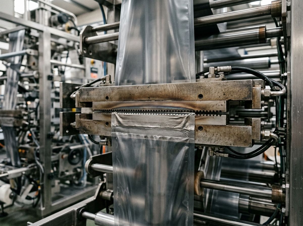Industrial thermal sealing process showing a hermetic seal being formed on food packaging.