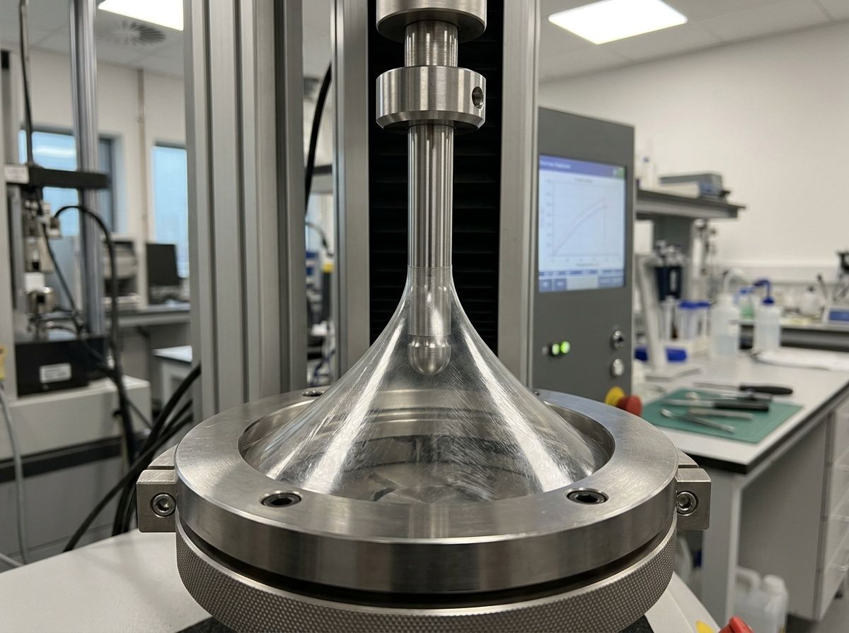 Laboratory puncture resistance test showing 160-micron film deforming under stress without piercing.