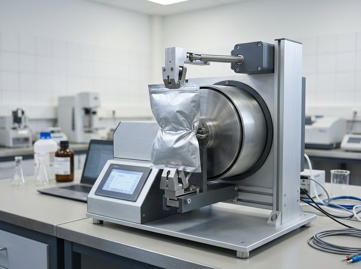 Laboratory testing of a flexible pouch to verify mechanical integrity and puncture resistance.