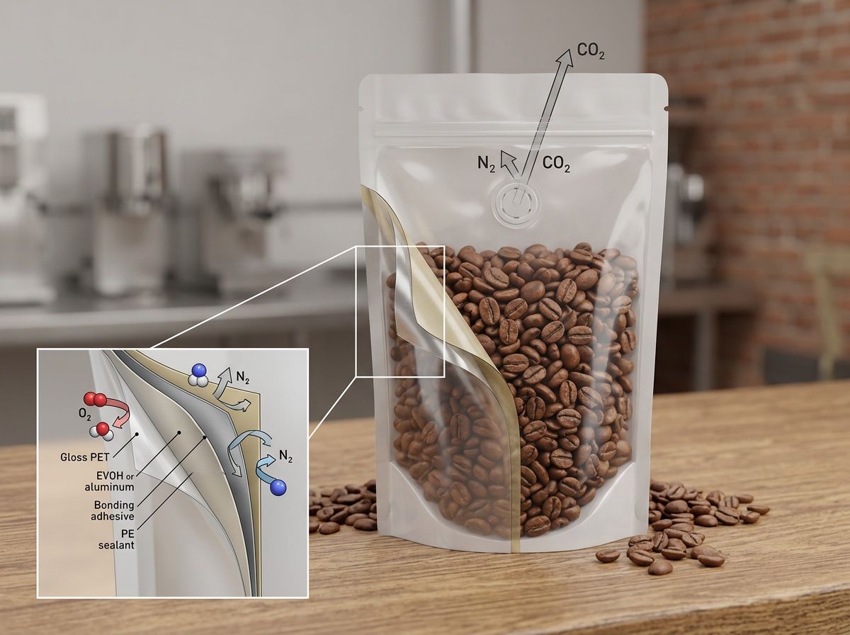 Multi-layer PET/PE pouch structure demonstrating oxygen and moisture barrier protection for dry food products.